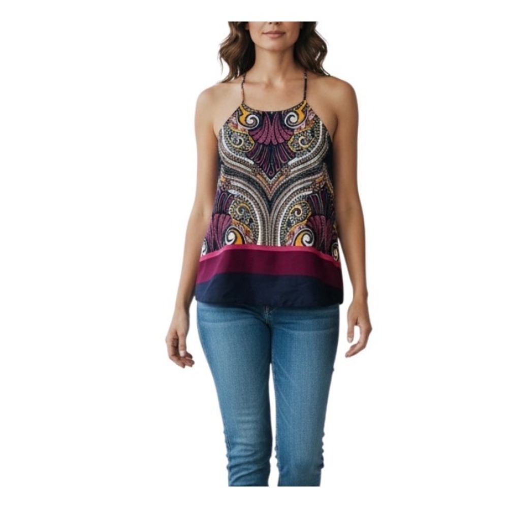 Renee C. Womens Paisley Halter Camisole Top Navy Magenta Boho Made‎ in USA Small